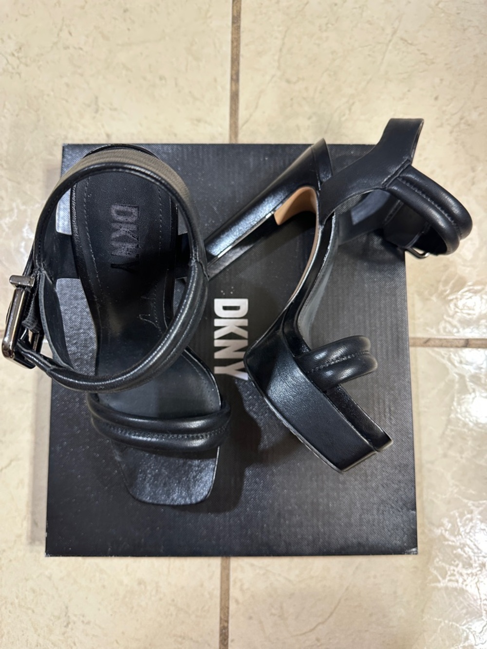 DKNY Black Leather Block Heel Sandals with Ankle Strap